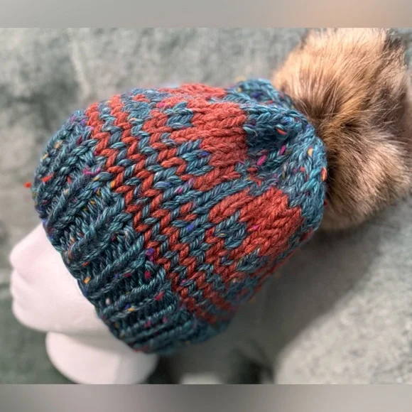 Handmade Hand Crafted Adult Knit Skull hat turquoise and rust - Picture 2 of 2